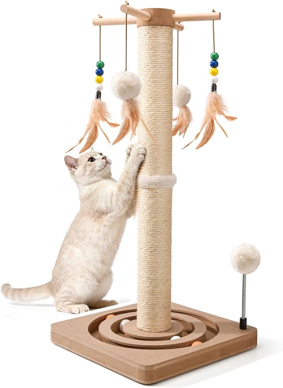 LIFLIX Cat Scratching Post with Interactive Toys, Sisal Cat Scratch Post with Sturdy Ball Track Base for Indoor Kittens and Cats, 65cm