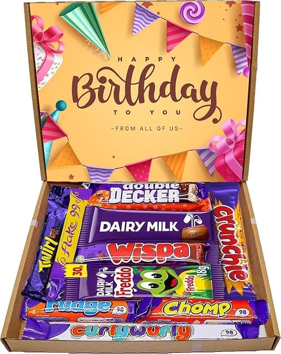 GRO VITS - Happy Birthday Chocolate Gift Box Hamper - 10 Mini Chocolate bars, Gift Letter Box Friendly, Treats Box, Perfect for Surprises Birthdays, Gifting And Treats