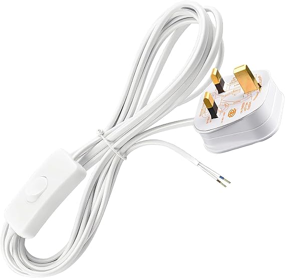 Lamp Switch, Table Lamp Cable, 2 Core Pre-Made Cable with Inline Switch, 1.8m Stripped Open End Lead for DIY Lamp Repair, 250V 6A Light UK Plug with 13A Fused, Suitable for Desk Lamp, White
