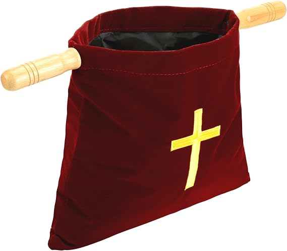 Abbylike Velvet Church Offering Bag with Wooden Handles 10 Inch Religious Offering Pouch Handle Church Collection Bag for Churches Communion Supplies (Red)