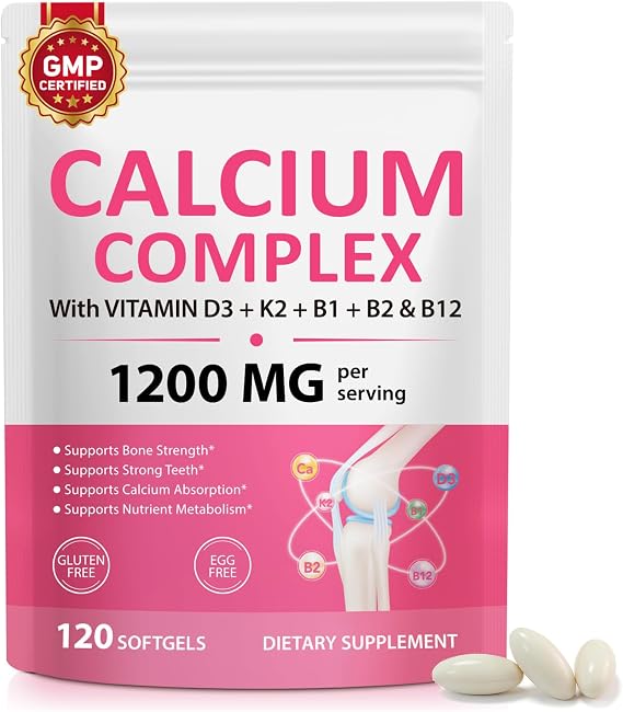 Calcium Complex with Vitamin D3 and K2, Calcium Supplement with Vitamin B1, B2 & B12, Supports Bones Teeth & Muscle Health, Non-GMO, Gluten-Free, 120 Softgels