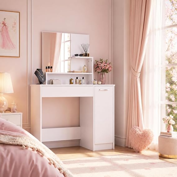 ELEGANT Dressing Table with Large Mirror and Storage Cabinet, 90x40x136cm