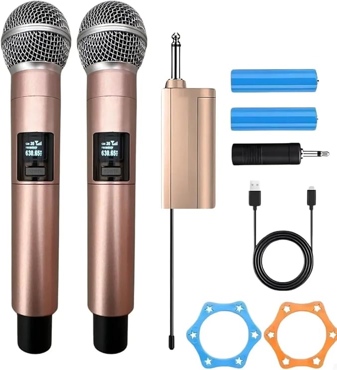 Profesyonel Çiftli Kablosuz Mikrofon Seti Karaoke Şarj Edilebilir 50 Metre Mesafe
