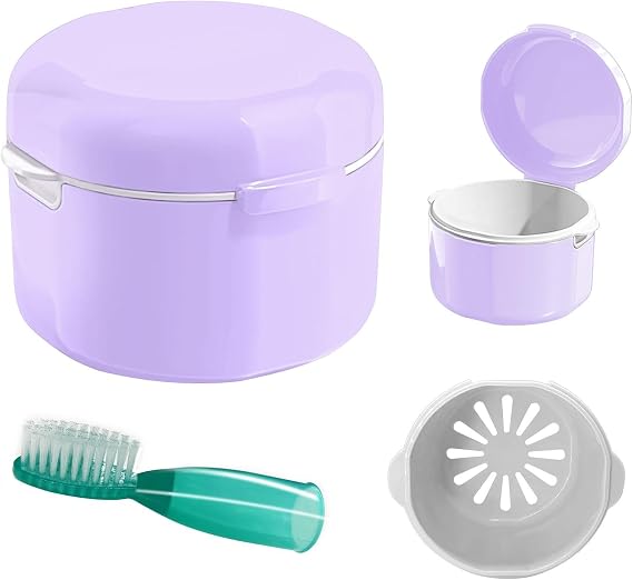 Denture Cup, Denture Bath, Denture Cups for Soaking Dentures, Denture Case with Lid, Denture Bath with Rinsing Basket, Easy to Carry and Clean Retainer Case Denture Cleaning kit (Purple)
