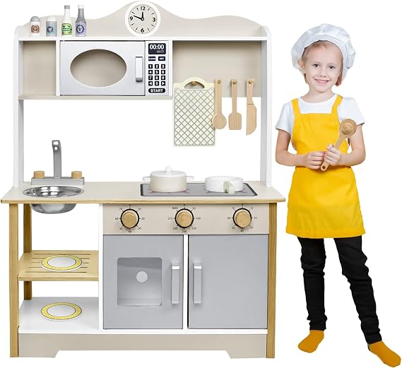 YRHome Children's Wooden Kitchen Play Kitchen 68 x 26 x 78 cm for Children Kitchen Unit Accessories Play Set with 2 Hobs Sink Tap Microwave Children's Toy for Girls and Boys Kitchen Toy