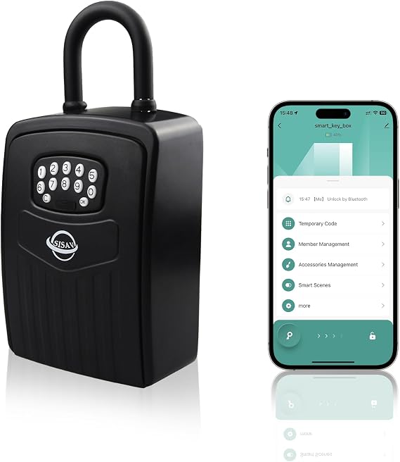 Smart Bluetooth Key Lock Box,Remote Access via App/Code,Resettable 6-Digit Combination,Large Capacity for 5 Keys,Wall-Mounted,No WiFi Needed,Grey(with Shackle)