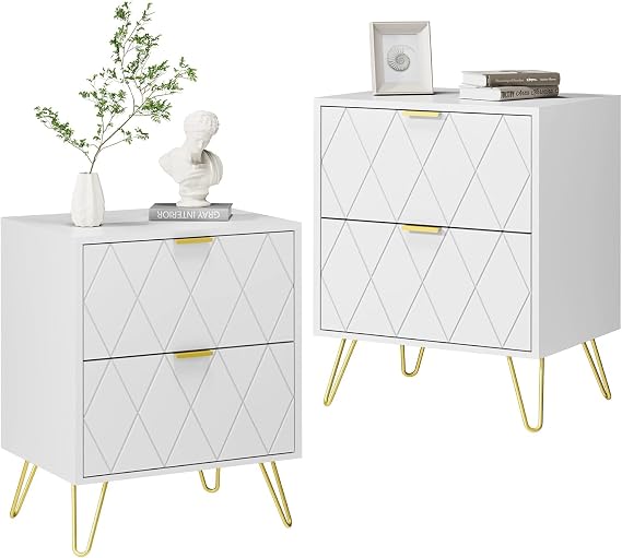 UEV Set of 2 Bedside Tables with Lines Patterns, 40 x 30 x 52 cm, White
