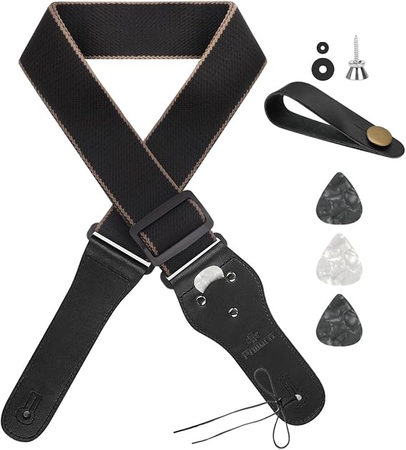 Philorn Guitar Strap Adjustable Genuine Leather Ends Jacquard Weave Bass Strap for Acoustic/Electric/Guitars, Gift for Adult & Kids (Black)