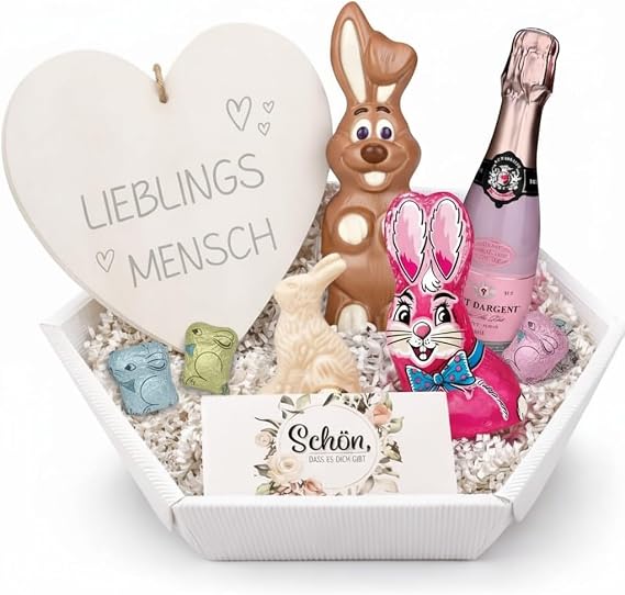 Easter Nest for Favourite Person Gift Set with Champagne & Chocolate - Easter Basket with Wooden Heart Engraving Chocolate Bunny & Rose Champagne - Ready Easter Gift for Women Men