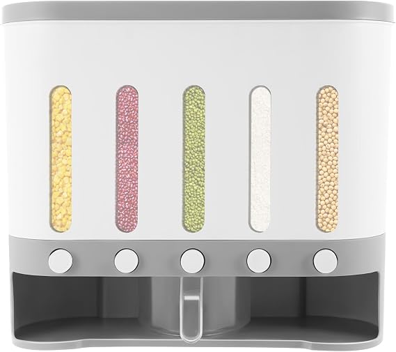 Cereal Storage Containers 5-compartment with Practical Cup Wall-mounted and Tabletop Food Storage Containers with Lids for Storing Flour, Oats, Sugar, Nuts, Dry Cereals, Coffee Beans