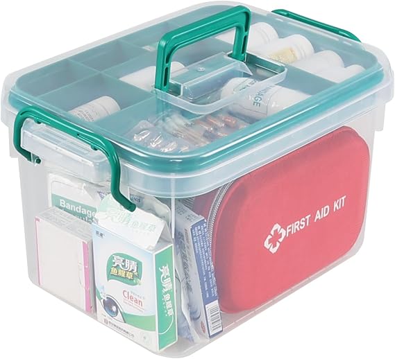Plastic First Aid Box, Medicine Storage Box with Insert, Protable Handle Household Medicine Container Box, Transparent