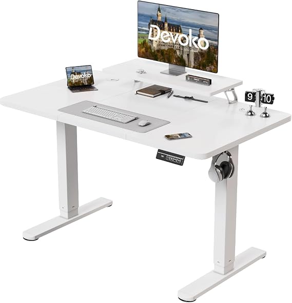 Devoko Electric Standing Desk Height Adjustable 120 x 60cm with Monitor Stand, Sit Stand Desk with Memory Smart Panel, Home Office Desk (White, 120 x 60cm)