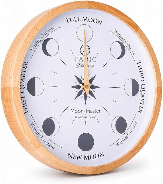 Moon Phase Master Wall Clock - Round, Wood, Traditional with a Touch of Modern, Natural Dye, Mechanical/Mechanical, Wall Mountable, Medium to Large