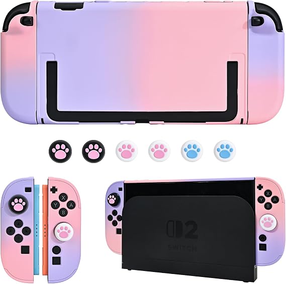 DLseego Case for Switch 2 2025,Dockable Coloured Hard Protective PC Cover Skin with 2 Handle Cover and 6PCS Thumb Grips Cap,Purple+Pink