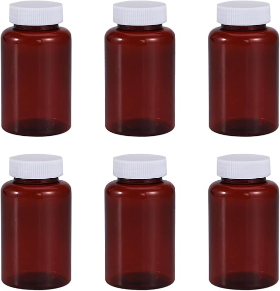 Empty Capsules,Plastic Pill Containers with Secure Caps for Liquid,Solid,Powder,Chemical Storage, Refillable Travel Medicine Organizer for Vitamins,Medication,Supplements (Amber, 100ml 6-Pack)