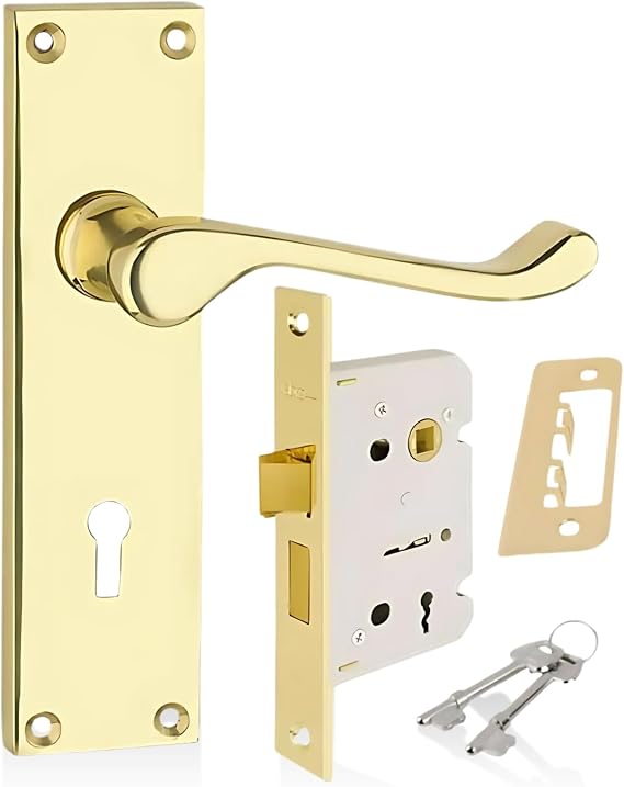 HANDLESTORE Victorian Scroll Locking Lever Door Handle on Backplate – Polished Brass Interior Handles with 2.5" Mortice Sash Lock &amp; Screws (Pair)