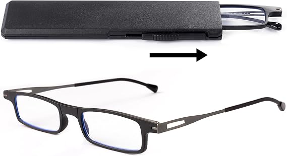 OKH Blue Light Blocking Ultra Thin Lightweight Reading Glasses Women Men Anti Eyestrain Compact Readers with Portable Stretchable Flat Case Black +2.0