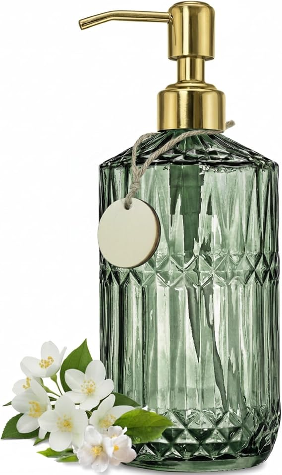 Gem Patterned Glass Soap Dispenser Bottle with Pump, 18Oz Refillable Liquid Hand Jar Dispenser for Bathroom, Countertop, Kitchen, Laundry Room (Green)