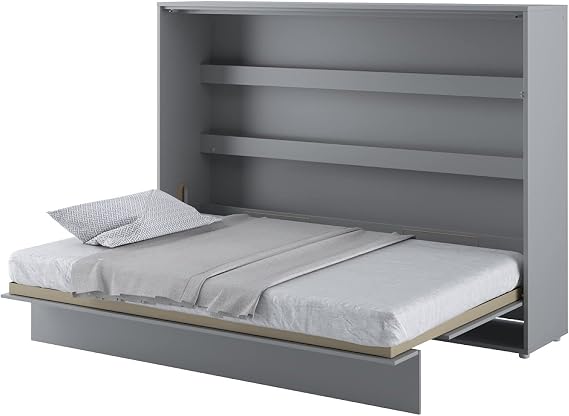Arthauss Multifunctional Horizontal Wall Bed - Fold Down Bed with Soft Close System and Functional Shelves - Practical Murphy Bed Alternative for a Modern Home 140 x 200cm in Grey Matt
