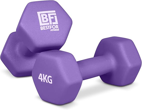 Bestfor Pair of 4kg Hex Anti Roll Non Slip Neoprene Dumbbell Weights For Exercise, Fitness, Workouts, Lifting with Exercise Chart