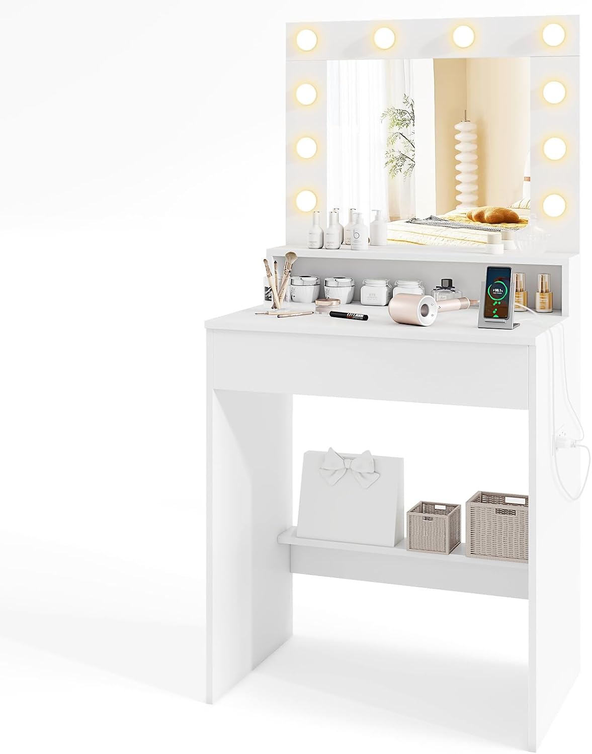 COSTWAY Small Dressing Table with 3-Color LED Lights Hollywood Mirror, Charging Station, Adjustable Brightness, Drawer and Storage Shelves, Wooden Bedroom Dresser Makeup Table Vanity Desk, White