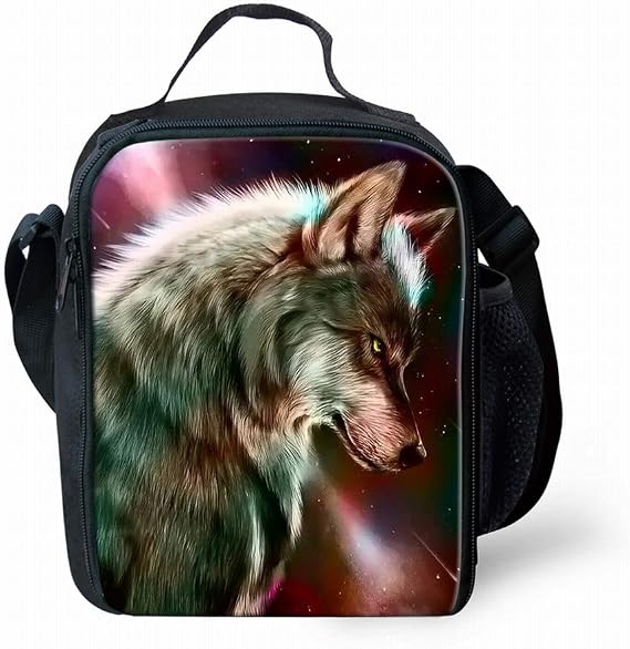 Amzbeauty Red Galaxy Wolf Print Lunch Bag for School Kids Boys Girls Small Lunch Box Insulated Lunch Container with Adjustable & Removable Tote Bag