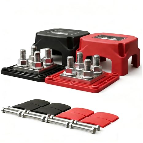 400A Bloques de Distribución de Energía 12V-48V, 4 x M8 Caja de Distribución de Barra Colectora, BusBar con 4 Pernos de Terminal M8 para Coche Camión RV Coche Barco Rojo Negro 2 Piezas