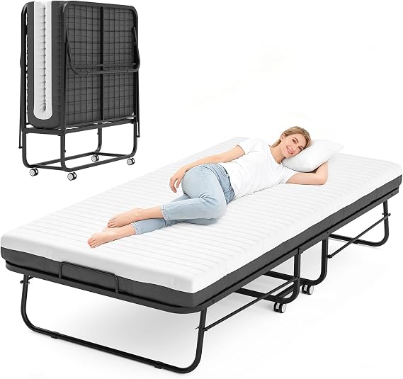 Folding Bed with Mattress, 90x200cm Foldable Roll Away Bed for Adults, Portable Fold Up Guest Beds with 13cm Mattress Include Memory Foam, Space Saving Extra Beds