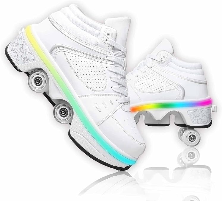 Roller Skate Shoes for Women Four Rounds Children's Roller Skates Shoes That Turn into Rollerskates Sneakers Outdoor Light Shoes with Wheels for Girls/Boys…