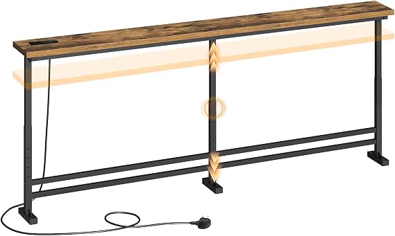 YATINEY 15 cm Slim Console Table, Height-Adjustable Behind Sofa Table, 200 cm Hallway Table, Narrow Long Sofa Table with Power Outlet, for Living Room, Hallway, Entryway, Rustic Brown XCT09KBR