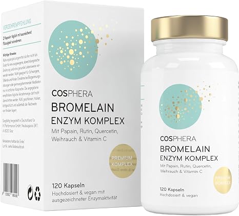 Bromelain High Dose 5000 FIP - 6-in-1 Pineapple Enzyme Complex with Papain Quercetin Frankincense Rutin & Vitamin C - 120 Gastric Juice-Resistant Capsules (2 Months) - Vegan & Made in Germany by COSPHERA