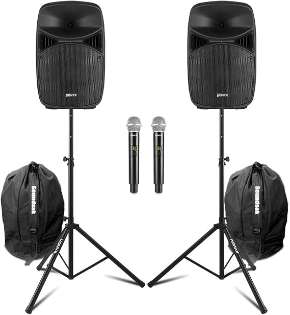 Vonyx VPS122A Active PA DJ Speaker System, 12 Inch 800W Bluetooth Party Speakers with LED Lights, Speaker Stands, Wireless Microphones & Remote, Easy Setup for DJs, Karaoke & Medium Events