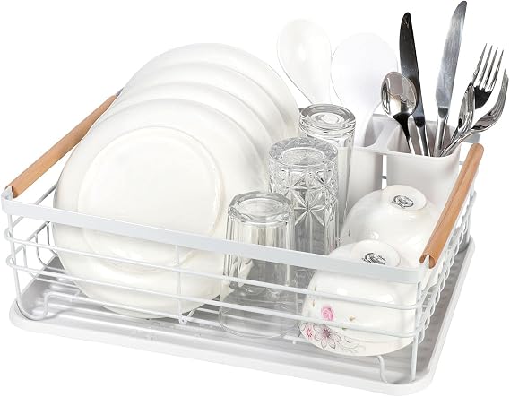 Vinsani Deluxe Dish Drainer Drying Rack with Wooden Handles Drip Tray Draining Board and Removable Cutlery Holder, Minimalist Dish Rack, 42.5 x 30.5 x 14cm (White)