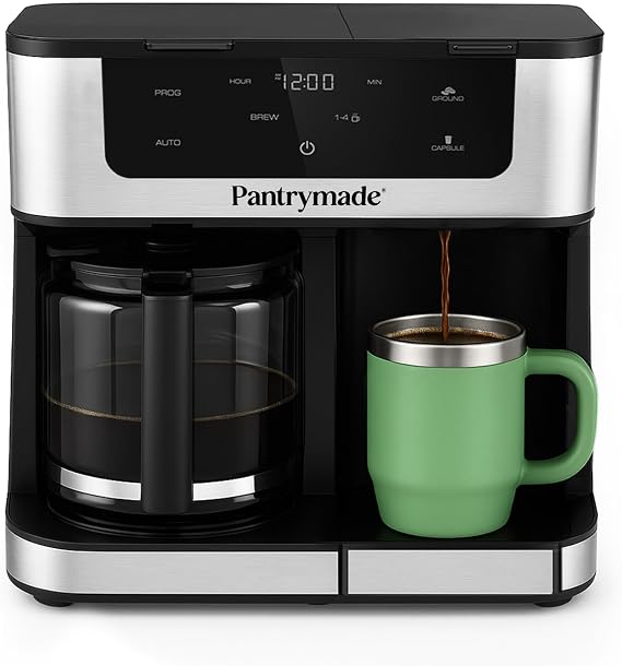 Pantrymade Dual Brew Coffee Maker, 12-Cup Drip & Single Serve K-Cup, Black | Brew A Full 12-Cup Carafe Or A Single K-Cup Pod With Programmable Touchscreen Controls | Auto Shut-Off And Reusable Filter