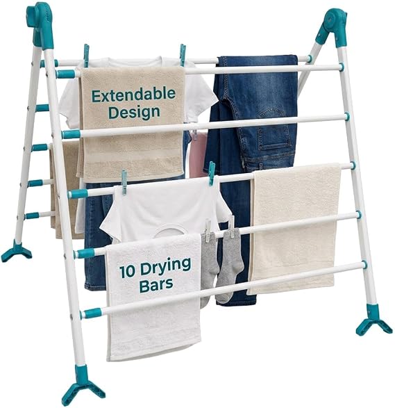 Gr8 Home Telescopic Over Bath Clothes Airer | Extendable Drying Rack with 10 Bars | Foldable Laundry Clothes Horse for Bathroom, Balcony & Indoor Dryer