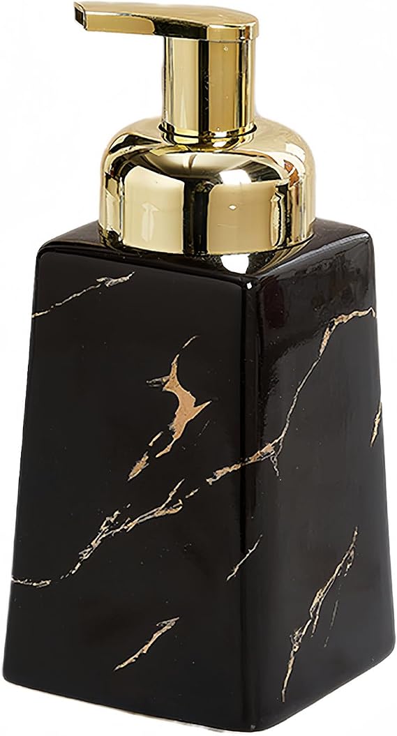 Marble Ceramic Foaming Soap Dispenser, Foam Soap Dispenser with Gold Pump, Hand Foaming Dispenser, for Barthroom Kitchen (Black,14oz), BL-ZYQ-022