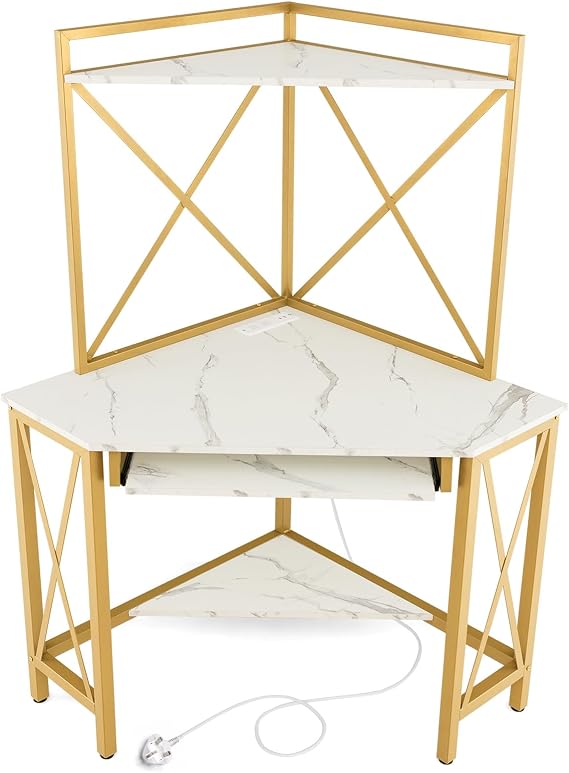 COSTWAY Corner Computer Desk, Triangle Study Desk Writing Workstation with Hutch, Open Shelves and Keyboard Tray, Space-Saving Wooden Gaming PC Laptop Table for Home Office Bedroom (White + Golden)