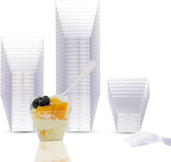 Mini Dessert Cups with Spoons, 2oz/60ml 50 Pcs Reusable Plastic Square Dessert Cups with 50 Pcs Plastic Spoons, Dessert Pots Bowls, ClXear Cheesecake Pots Cups for Dessert Pudding Mousse Party