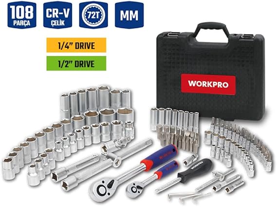 WORKPRO WP202535 1/4'’ 1/2'’ 108 Parça Cr-V Metrik Profesyonel Lokma Takımı