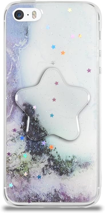 KZY İletişim Apple iPhone 5 SE ile Uyumlu Kapak Mermer Desenli Pop Socketli Silikon Kılıf - Beyaz