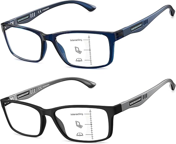 Missfive 2 Pack Lightweight Office Varifocal Reading Glasses, TR90 Near Progressive Reading Glasses Men, Blue Light Blocking, Mid-Near Range