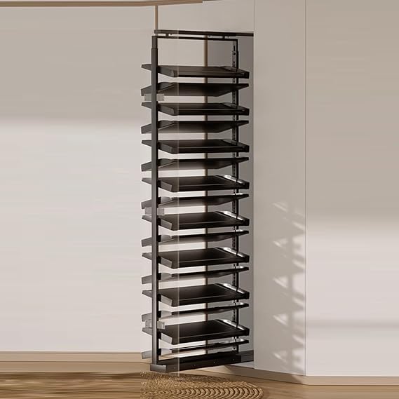 Adjustable Pull-Out Shoe Rack for Closet, Vertical Heavy-Duty Metal Organizer, Silent Sliding Rail, Hidden Shoe Storage for Cabinet(Black,16 layers)