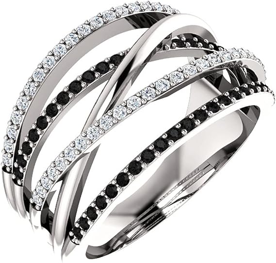 925 Sterling Silver Shiny Black Gem Ring Cubic Zirconia Rings CZ Diamond Multi Row Ring Eternity Wedding Bridal Jewelry Gifts Women Size 6-10 (O)