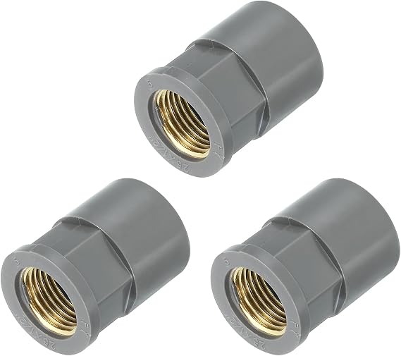 sourcing map 3 Pcs PVC Pipe Fittings, 25mm 1/2 PT Female Brass Threaded Pipe Coupling Pipe Fitting Hose Adapter Connector for Home Sewer Plumbing Irrigation, Grey