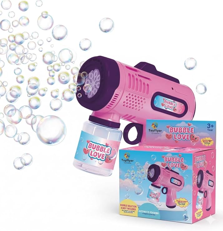 MayToys Pilli Köpük Tabancası Otomatik Baloncuk Makinesi Köpük Baloncuklu Işıklı Pilli Tabanca –Pembe
