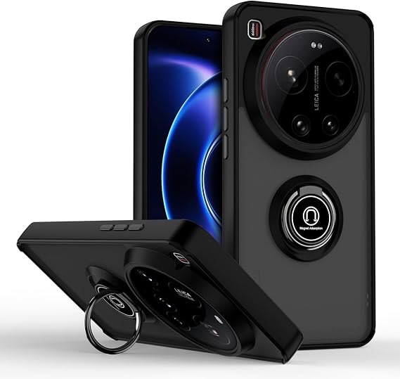 QUIETIP Xiaomi 17 Ultra用ケース、スクリーンプロテクター付き、磁気リングカースタンド半透明マットドロップ保護カバー付き、ブラック