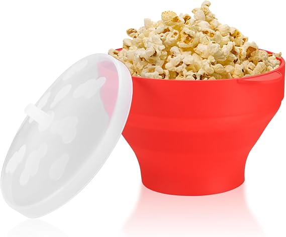 Microwave Popcorn Maker, Collapsible Silicone Bowl with Lid, Red