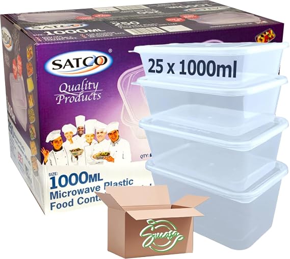 Sucasa Plastic Food Takeaway Heavy Duty Satco Plastic Containers with Lids 25x1000ml | Durable Microwavable | Heavy Duty | Takeaway | Reusable & Disposable