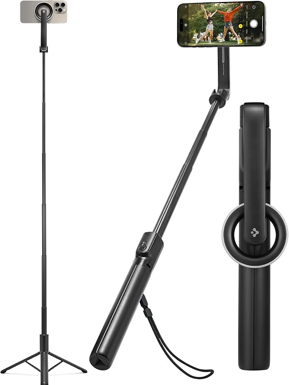 Spigen Kablosuz Bluetooth Selfie Çubuğu MagSafe ile Uyumlu Uzaktan Kumandalı Tripod / 1.2 Metre Kolay Taşınabilir Mag Fit S580W Black - AMP07659