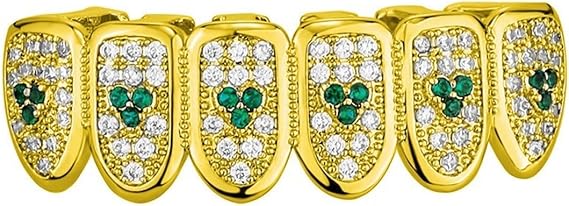 Fully CZ Paved Blue Heart Grillz Set – Grills for Your for Women Men 18K Gold-Plated Iced out Fangs Hip Hop Rapper Costume(Gold-green,Lower)